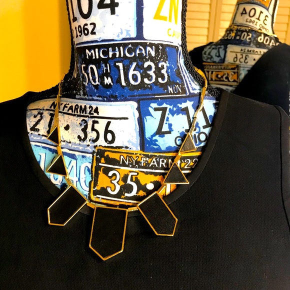 Black & Gold Tone Geometric Statement Necklace - Picture 1 of 4